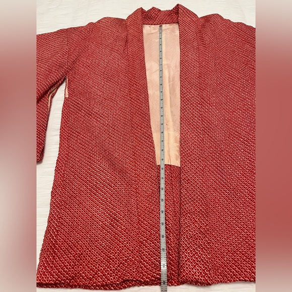 HAORI Kimono Sleeve Japanese Jacket Red Textured Fabric Jacquard Floral Lining - Picture 16 of 16